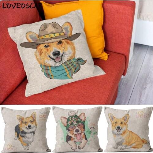 Beige Cute Dog Lovely Pet England Welsh Corgi King Size Pillow Case Square Cushion Cover Kids Room House Decoration Linen Color
