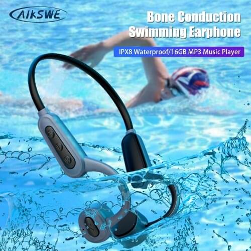 AIKSWE Bone Conduction Swimming Earphones 16GB IPX8 Waterproof Bluetooth Wireless Earbud MP3 Music Player Sport Adjustable Strap
