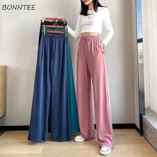 Casual Pants Women Various Length Wide Leg New Plus Size Summer Thin Loose Baggy All-match 4 Colors Streetwear Solid Drawstring