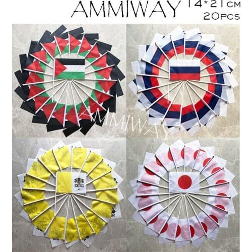AMMIWAY 14x21cm 20pcs Finland Russian Federation Vatican Japan Sports World National Flag Hand Wave Flags with Plastic Flagpole