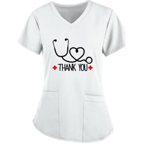 MIARHB Women Nursing Scrubs Tops Thank You Letter Print Graphic Tee With Pocket Beauty Salon Work Uniform Gorro Enfermera A50