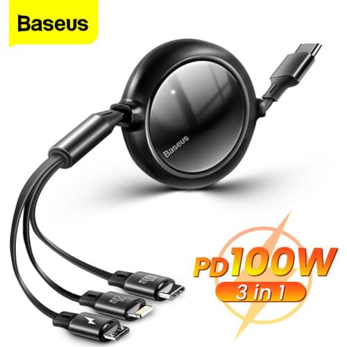 Baseus 100W USB C Cable For iPhone 12 Pro Xiaomi Micro USB 3 in 1 Type C Fast Charging For Samsung Huawei Retractable Data Cord