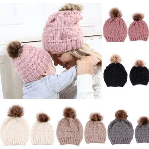 2PCS Tollder Kid Baby And Mom Beanie Hat Cap Fall Winter Warm Knitted Hat Fashion Cute Pompom Hats