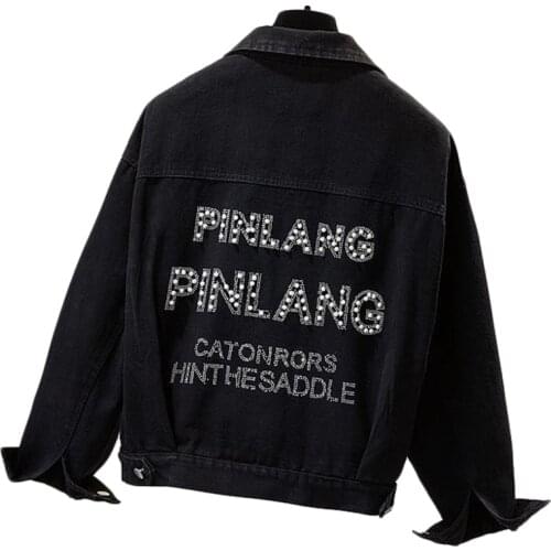 Large Size Denim Jacket Women Loose Fashion Hot Rhinestone Black Basic Outerwear Spring Autumn New Casual Bomber Overcoat 95kg