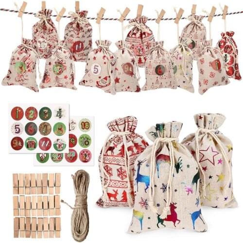 24pcs Christmas Gift Bag Tree Snowman Elk Bear Santa Printed Pendant Candy Gift Holders For Home Decoration DIY Holiday Props