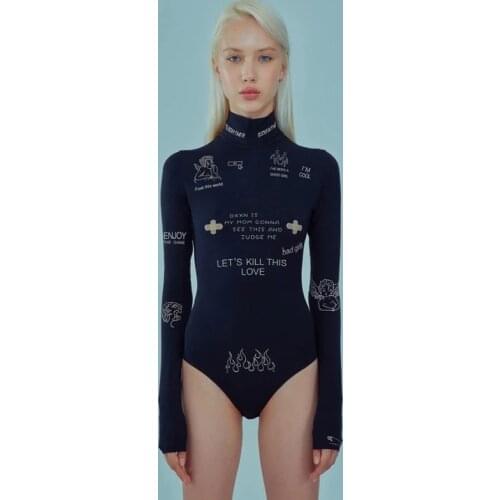 Fashion print letter skinny casual turtleneck long sleeve autumn bodysuit women simple basic wild female bodysuit