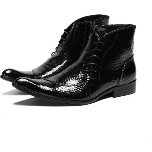Men boots black Pointed Toe Patent leather shoes Mens Dress Boots Genuine leather Fashion chaussure homme Snakeskin grain 39-46