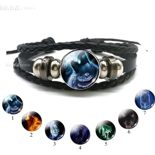 Wolf Head Glass Cabochon Button Men Fashion Multilayer Leather Bracelet Wolf Moon Jewelry