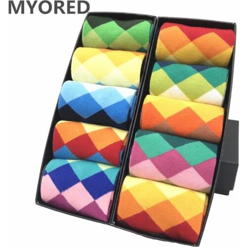 MYORED mens colorful casual dress socks combed cotton striped plaid geometric lattice pattern fashion design high quality