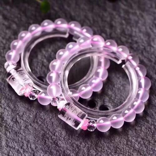 Natural Pink Rose Quartz Star Light Bracelet Women Barrel Pendant 10mm Stretch Crystal Stretch Round Beads Bracelet Jewelry