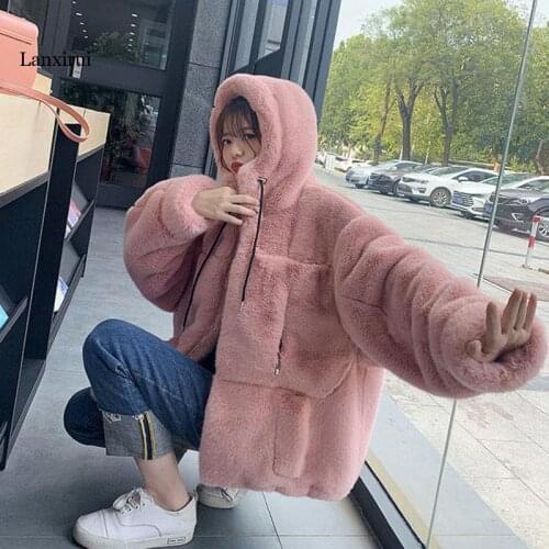 Faux Fur Women Coat With Hood Fashion Zipper Plush Thick Slim Pink Long sleeve Jackets Fake Rabbit Fur Coats chaqueta mujer