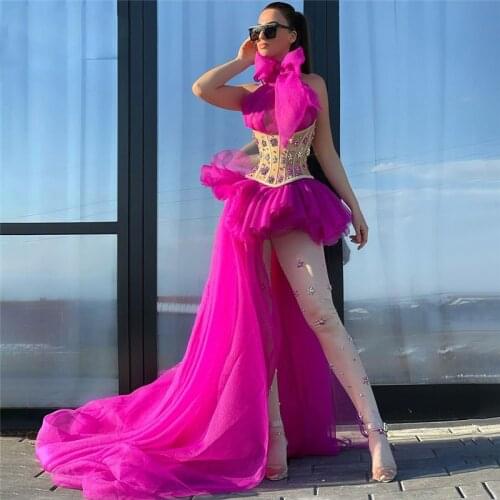 Sexy Fuchsia High Low Prom Dresses Ribbon Halter Bodice See Through Evening Gowns Tulle Sweep Train Formal Party Dress Customize