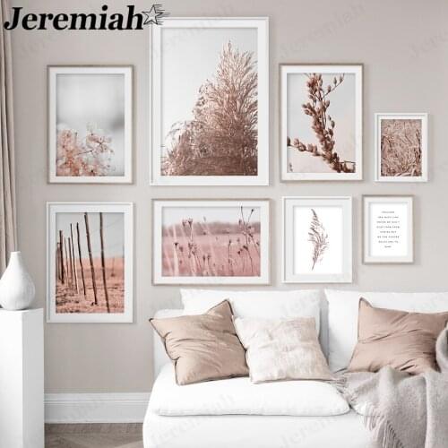 Simple Pink Plant Canvas Poster Reed Grass Flower Fence Letter Painting Picture Print Nordic Home Living Room Decoration