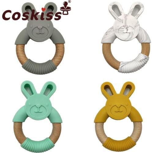 Coskiss 5pcs Silicone Bunny Teething Ring Natural Wood Nursing Accessories Food Grade Silicone Sore Gums Infant Teether Toys