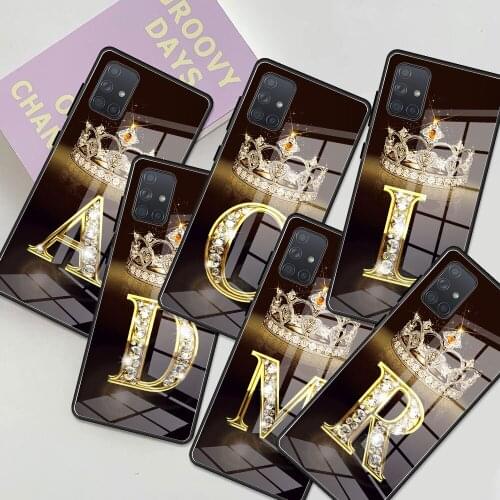 Glass Case For Samsung Galaxy A51 A50 A71 A70 M31 A21s A31 A10 A40 A52 A41 A30 A72 M51 Phone Fundas Letter Monogram Gold Marble