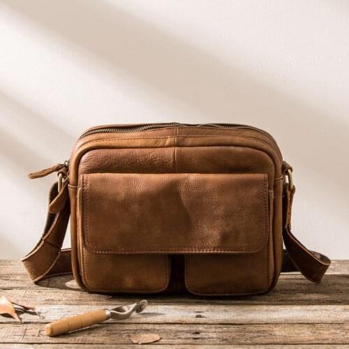 Genuine Leather Shoulder Bag Vintage Cowhide Men Crazy Horse Brown Korean Style Messenger Crossbody Pack Outdoor Travel Man Bags