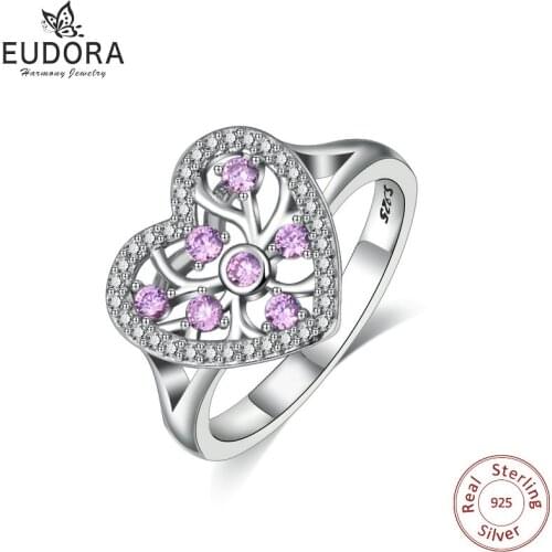 Eudora Real 925 Sterling Silver Pink CZ Heart Tree of life Ring Smooth AAA Zircon Wedding Bands Fine Jewelry For Girl Women J6