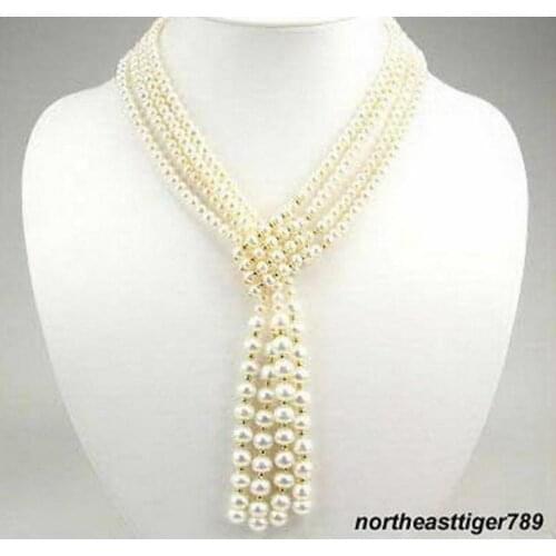 Jewelry Free Shipping 4 Rows Genuine White Pearl 18K Beads Wide Tie necklace