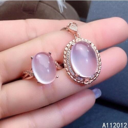 KJJEAXCMY fine jewelry natural Rose Quartz 925 sterling silver popular girl pendant necklace ring set support test hot selling