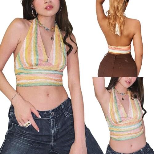 Ladies Summer Sexy Midriff-baring Camisole Colorful Stripes V-neck Hanging Neck Lace Up Sleeveless Tops Backless Base Shirt