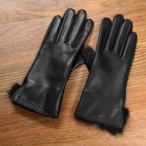 2020 New Genuine Leather Womens Gloves Autumn Winter Thermal Plush Lined Wrist Rabbit Hair Black Sheepskin Gloves Female DQ6124