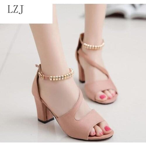 2020 fashion sexy fish mouth hollow Roman sandals thick with beaded high heels female summer Sexy female sandals