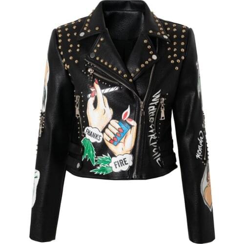 Women Spring Punk Rock Rivet Leather Jackets With Printing Funny Jackets and Coats For Women Motorcycle Clothing