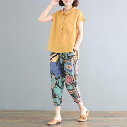 Women 2021 Summer Fashion Two Piece Sets Female New Solid Color Loose Tops Ladies High Waist Printed Harem Pants Suits Y16