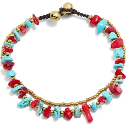 Bohemian Two-layer Colored Stone Gold Beads Chain Hiking Anklet Female Beach Ankle Bracelet