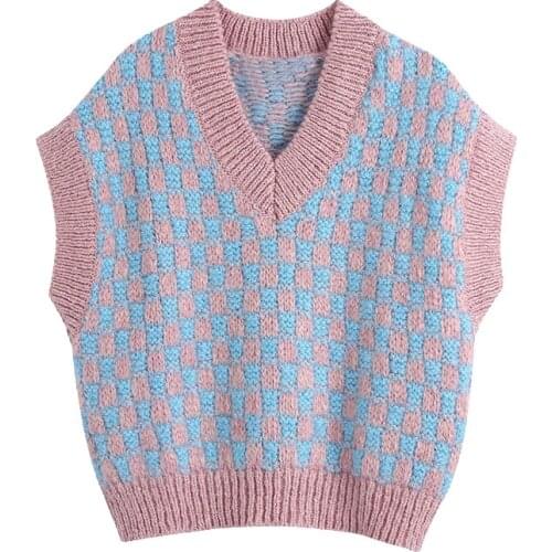 2021 New Women Fashion With Ribbed Trim Loose Knitted Vest Sweater Vintage V Neck Sleeveless Female Waistcoat Chic Tops