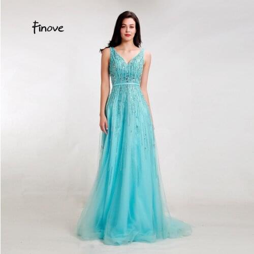 Finove 2020 New Evening Dress Long Sexy V Neck Backless With Beading Crystal Long Length A Line In Women' Dresses Plus Size