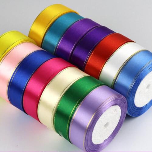 25 Yards/Roll 25mm Gold Edge Satin Ribbons Christmas Halloween Wedding Birthday Party Gift Wrapping White Blue Purple Ribbons