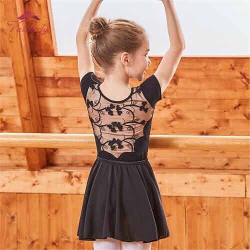 New Summer Kids Ballet dance Bodysuit 3D flower embroidered Leotard Girls Black Dance Dress Practice Clothes