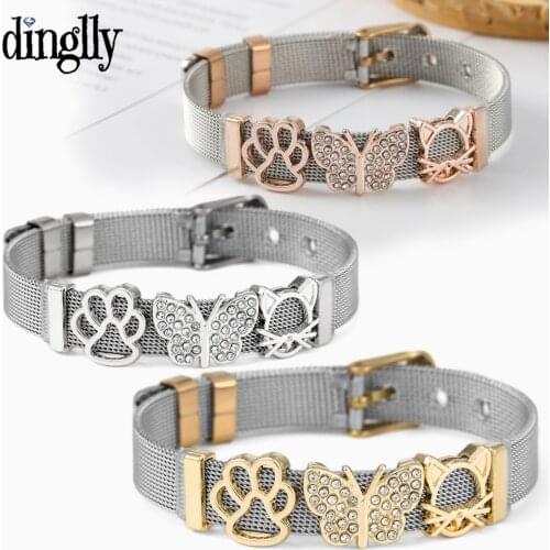 Dinglly Stainless Steel Bracelets For Women Men Rose Gold Footprin Cat Beads Butterfly Charm Watch Strap Bracelet Fashion Gifts