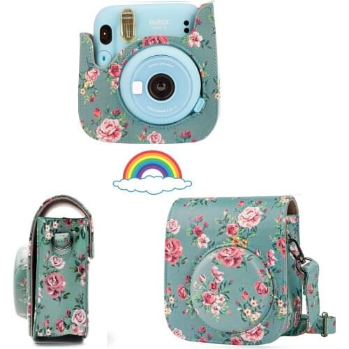 Rose Pattern PU Leather Case Bag Protective Cover For Fujifilm Instax Mini 11/9/8 Camera with Shoulder Strap