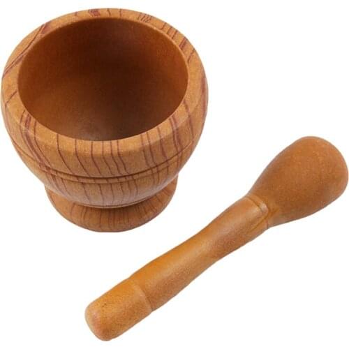 Garlic Masher Garlic Jar Garlic Bowl Mashing Medicine Jar Household Multifunctional Wood Mortar Pestle Kitchen Gadget yellowish