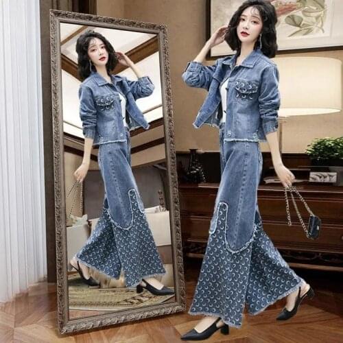 Denim Wide-Leg Pants Suit Women 2021 Spring Autumn New Western Style Female Two-Piece Loose Large Size Fashionable Short Jacket