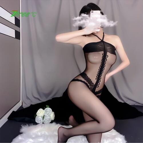 Erotic Lingerie Womens Sexy Transparent Hanging Neck Tube Top Bodystockings Sexy Large-size Open Crotch One-piece Stockings