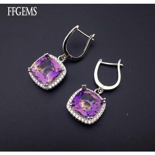 FFGems Natural Ametrine purple square big stone hang Sterling 925 Silver Drop Earring For Women Party Wedding Gift box wholesale