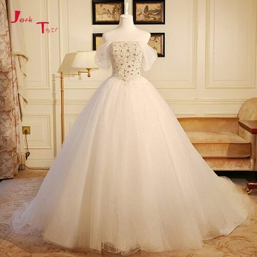 Jark Tozr New Special Off The Shoulder Short Sleeve Lace Up Shiny Beading Crystal Vintage Ball Gown Wedding Dress Casamento
