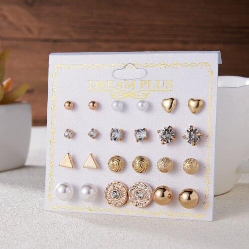 Hot Sale Fashion Womens Earrings Set 12Pairs Mixed Styles Flower Round Geometric Metal Stud Earring 2021 Trend Female Jewelry