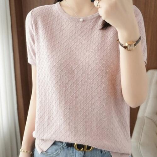 LJSXLS Plaid Short Sleeve Knitted Sweater Pullover Women Cotton Korean Green Tops Summer O-Neck Soft Loose Clothes Jumper Female