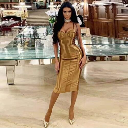 Fashion Gold Red Black Women Dress High Quality Spaghetti Strap Bodycon Midi Celebrity Evening Party Dress Vestidos Wholesale