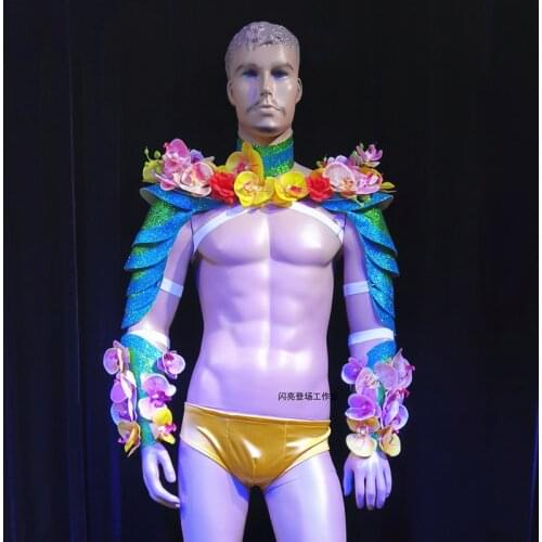 Men Flower Armor Performance Costume Exaggerated Accessories Nightclub DS Gogo Dance Stage Wear Festival Rave Outfit VDB3704