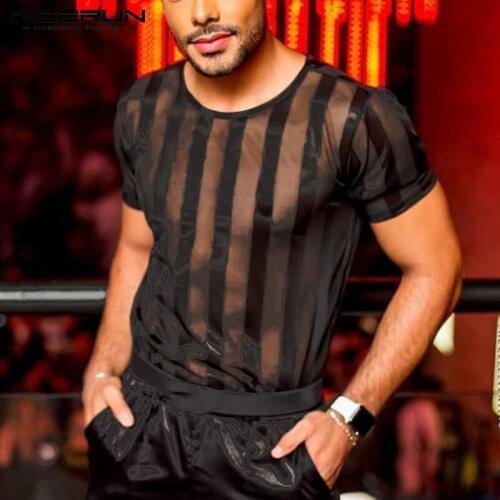INCERUN 2021 New Male See-through Tops Sexy Leisure Short Wear Striped Shirts Party Nightclub Short Sleeve Net Yarn Tshirt S-5XL