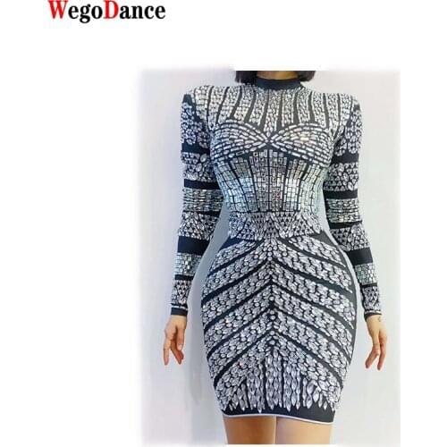New Shining Silver Rhinestones White Dress Women Birthday Prom Celebrate Long Sleeves Evening Dance Stretch Costume