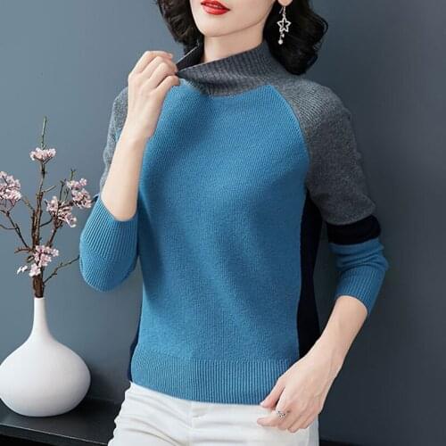 2020 Autumn Casual Half Turtleneck Knitted Sweaters Pullovers Women Clothes Winter Long Sleeve Patchwork Jumpers Female Warm Top