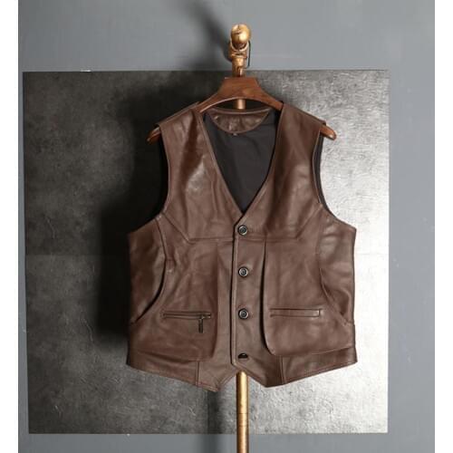 Casual Cow Mens Genuine Vest Waistcoat Sleeveless Leather Jacket For Motorcycle Biker Brown Size L-8XL