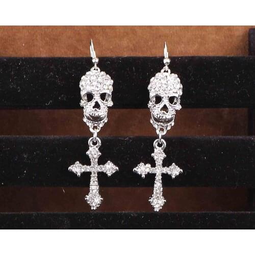 Gray White Glass Skull Crystal Women Ancient Gold Color Wear Ear Band Long Tassel All Saints' Day Party Earrings Pendant