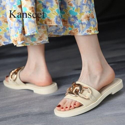 Kanseet Black Beige Summer New Womens Slippers Fashion Metal Buckle Genuine Leather Woman Shoes Comfort Daily Low Heel Slippers